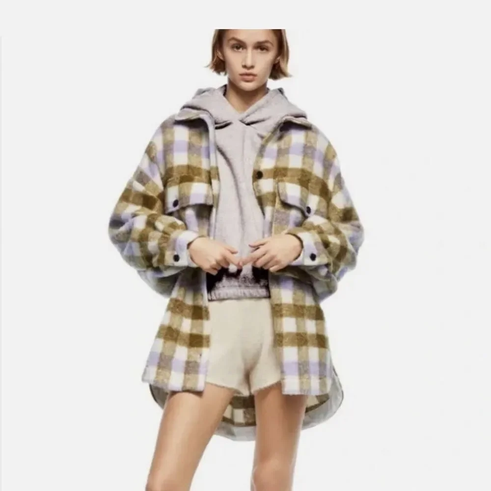 🔥Zara Brown and Cream Plaid Teddy Jacket Sz XS/S